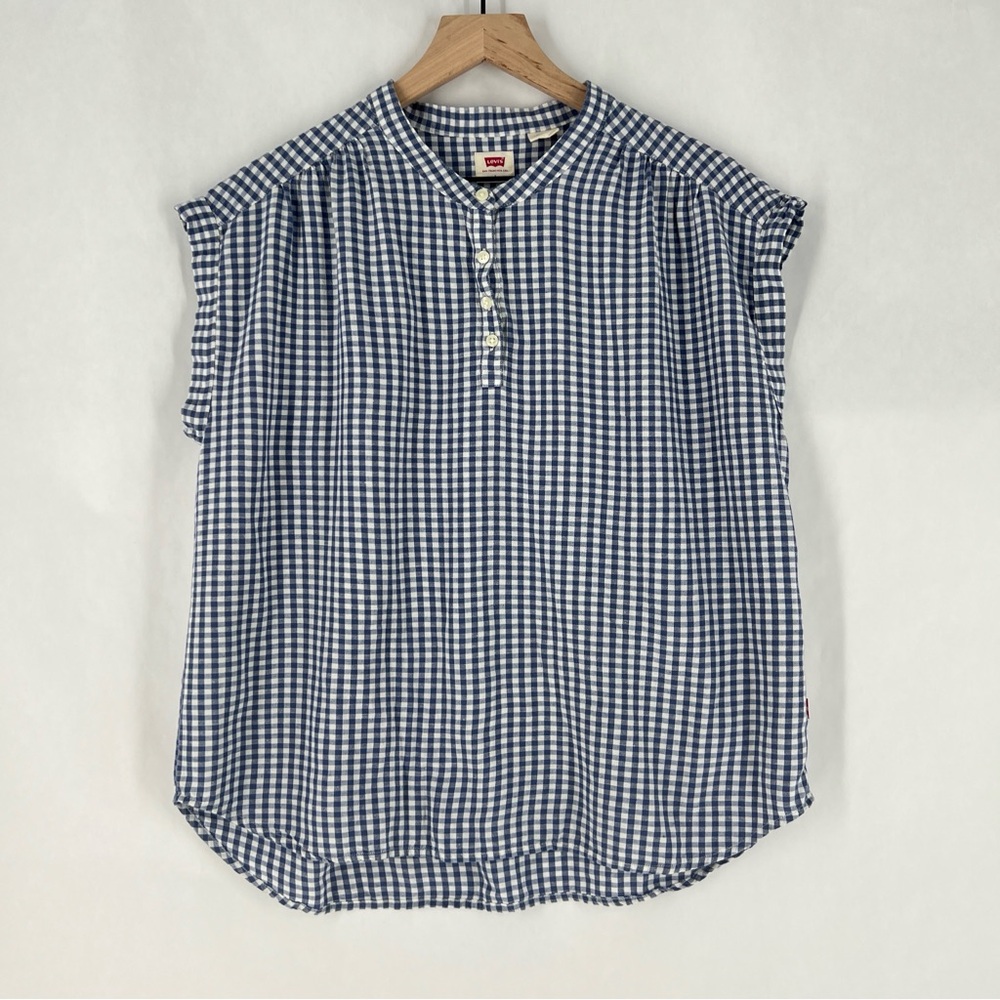 Levi's Blue Gingham Checkered Boxy Cap Sleeve Mandarin Collar Top Size L - Picture 2 of 11